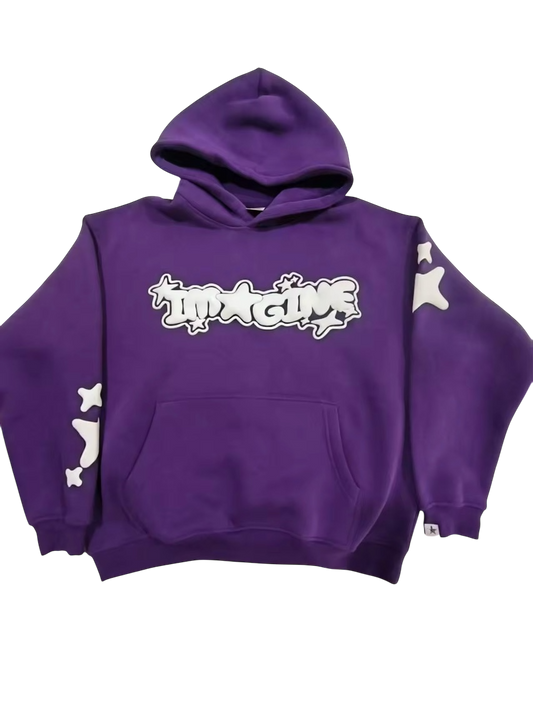 "IMAGINE" Purple Puff Print Hoodie