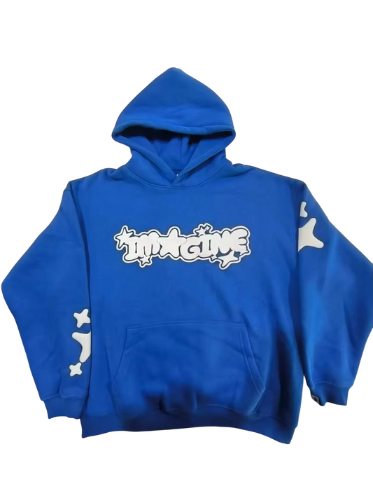 "IMAGINE" Blue Puff Print Hoodie