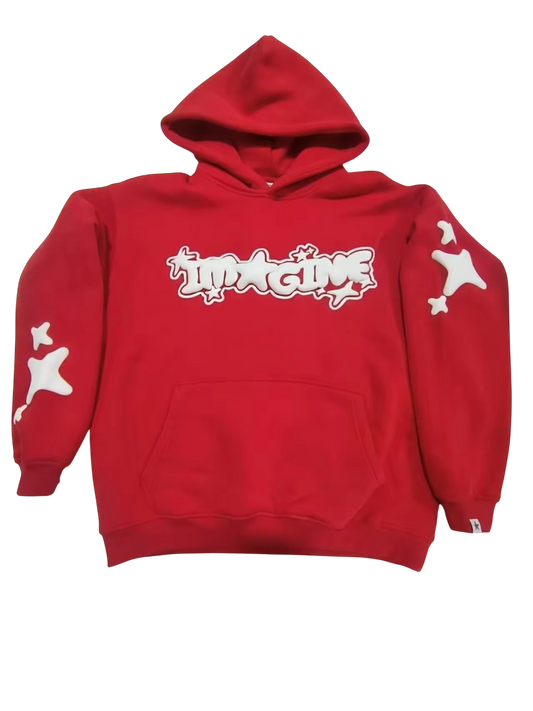 "IMAGINE" Red Puff Print Hoodie