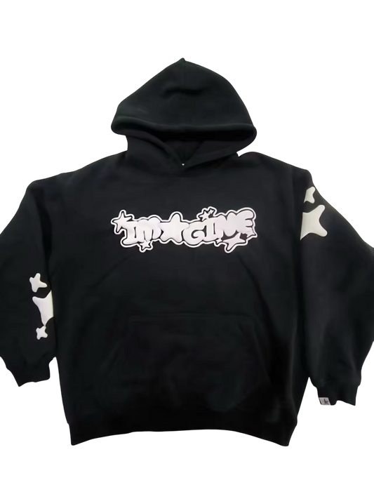 "IMAGINE" Black Puff Print Hoodie